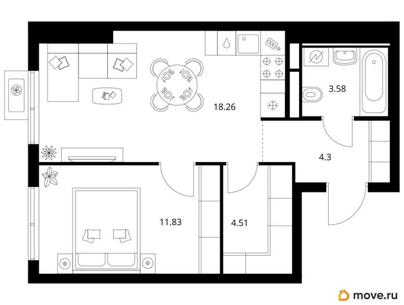 1-комн. квартира, 42.48 м&sup2;