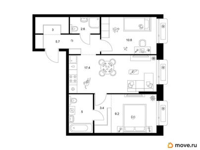 2-комн. квартира, 57.1 м&sup2;