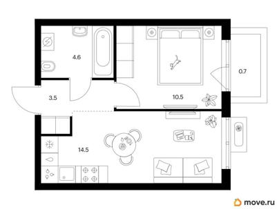 1-комн. квартира, 33.8 м&sup2;