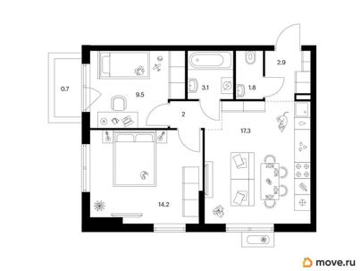 2-комн. квартира, 51.5 м&sup2;
