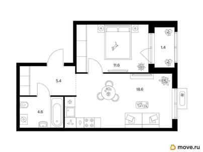 1-комн. квартира, 41.6 м&sup2;