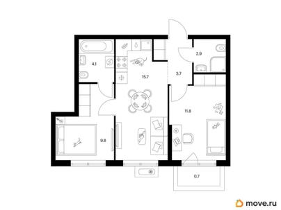 2-комн. квартира, 48.7 м&sup2;