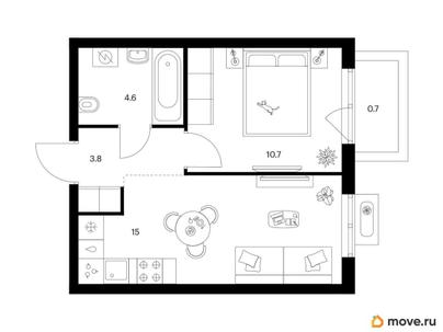 1-комн. квартира, 34.8 м&sup2;