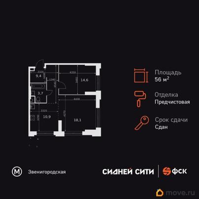 2-комн. квартира, 56.7 м&sup2;