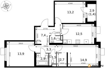 3-комн. квартира, 75.3 м&sup2;