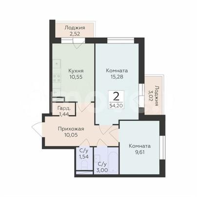 2-комн. квартира, 54.2 м&sup2;