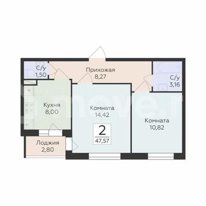 2-комн. квартира, 47.6 м&sup2;