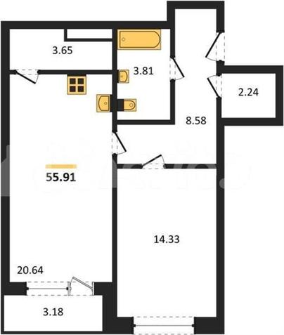 1-комн. квартира, 55.9 м&sup2;