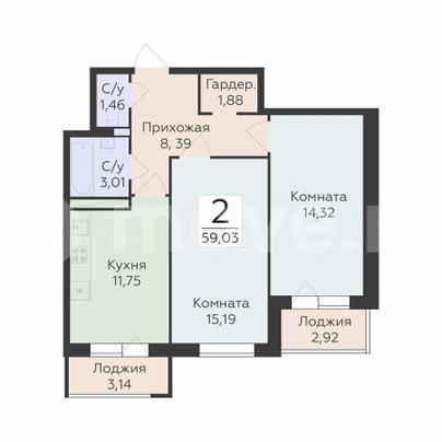 2-комн. квартира, 59 м&sup2;
