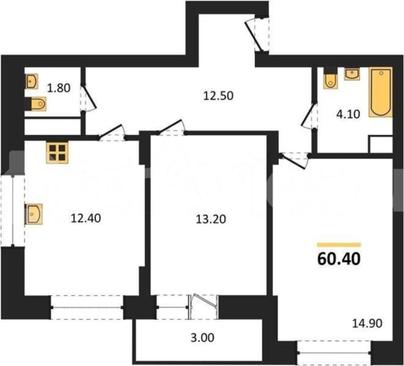 2-комн. квартира, 60.4 м&sup2;